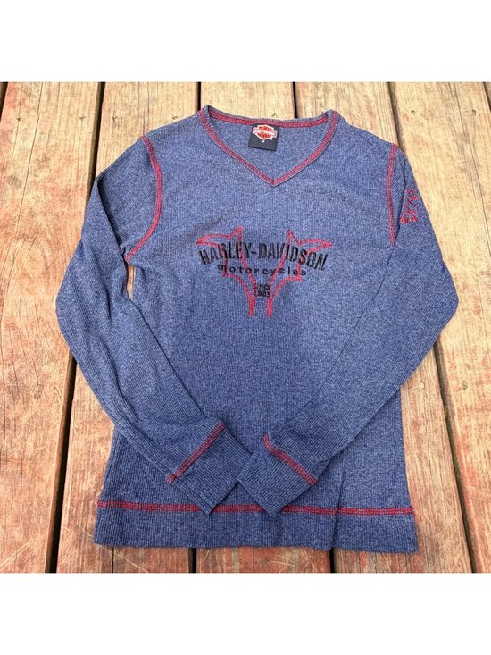Harley-Davidson Tops - Harley-Davidson Womens Blue Waffle Knit Long Sleeve V-Neck Shirt With Red Stitch